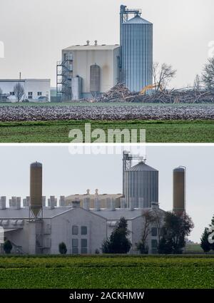 Aiterhofen, Deutschland. 02 Dez, 2019. Das ehemalige Gelände der Firma Bayern-Ei (oben) und vor dem Abriss, Foto vom 19.07.2017 in einem Bild Combo. Fünf Jahre nach dem Skandal um die Niederbayerische Firma Bayern-Ei, die legehenne Anlage abgerissen wurde. Die Website an einen privaten Investor aus dem Bezirk verkauft worden, sagte ein Sprecher der Kreisverwaltung. Foto: Armin Weigel/dpa/Alamy leben Nachrichten Stockfoto