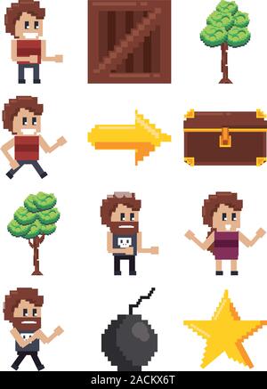 Satz von video game pixelated Zeichen und Symbole Stock Vektor