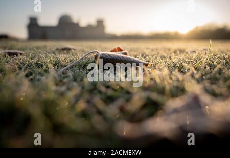 Berlin, Deutschland. 03 Dez, 2019. Raureif können im frostigen Temperaturen auf die Blätter von der Wiese vor dem Reichstag gesehen werden. Credit: Kay Nietfeld/dpa/Alamy leben Nachrichten Stockfoto