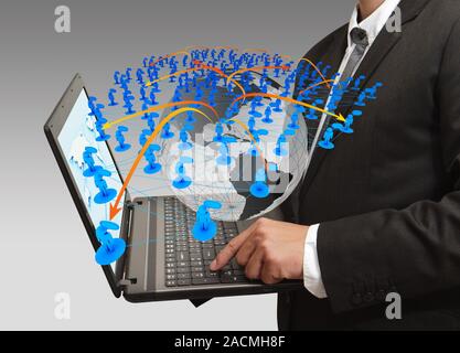 Business Mann drücken Computer Laptop und sozialen Netzwerk Stockfoto