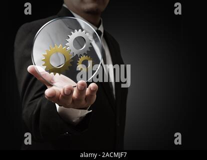 Gang cog 3d und Glas Schild als Konzept Stockfoto