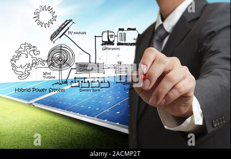 Ingenieur zeichnet Hybrid power systems, kombinieren Sie mehrere Quellen Diagramm Stockfoto