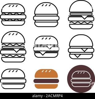 Burger Symbole gesetzt. Einfache Gliederung der Burger Vector Icons für Web Design auf weißem Hintergrund Stock Vektor