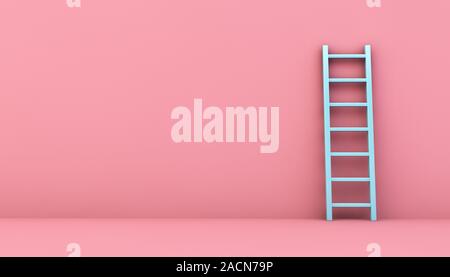 Blauer Leiter an einem rosa Wand 3D-Rendering Stockfoto