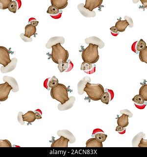 Nahtlose Muster mit Aquarell Teddybär in santa hut, Winterurlaub Muster Stockfoto