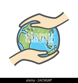 Hand, die den Globus Hand gezeichnet doodle Symbol. Ökologie und umweltfreundliches Konzept. Stock Vektor