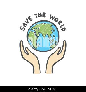 Die Welt retten, Globus und Hände doodle. Erde Symbol Hand - auf weißem Hintergrund dargestellt. Stock Vektor