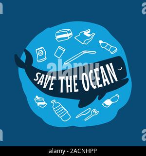 Stop Ozean Kunststoff Umweltverschmutzung. Speichern Sie den Ozean. Wal. Stock Vektor