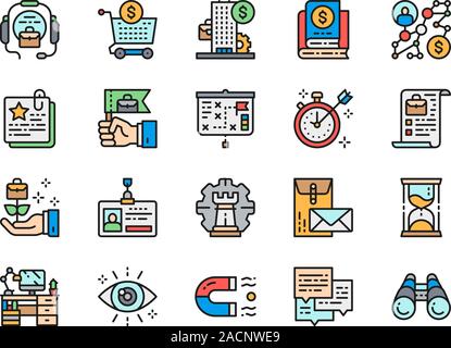 Einstellen der Geschäftsstrategie flachen Farbe Symbole. Call Center, Bank, Algorithmus und mehr Stock Vektor