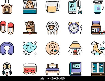 Satz von Schlafen flach Farbe Symbole. Aromalampe, Bett, Kissen, Kopfhörer, Kaffee und vieles mehr. Stock Vektor