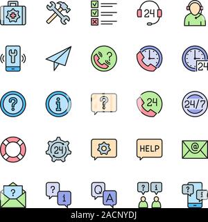 Einrichten der Unterstützung flachen Farbe Symbole. Call Center, Chat Nachricht, Kontakt und mehr. Stock Vektor