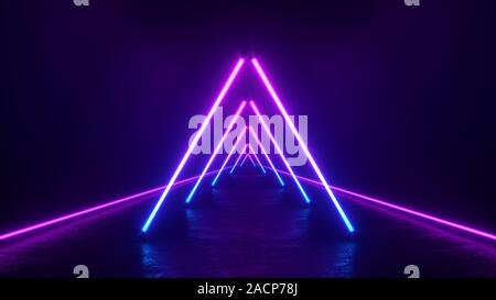 Leuchtende Lila Neon Dreieck Linien auf dunklem Hintergrund mit Reflexionen am Boden, Beleuchtung, abstrakte Vintage Retro Hintergrund, ultraviolette Spektrum vib Stockfoto