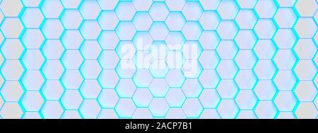 Moderne sechseckige leuchtende blaue medizinischen Hintergrund Textur muster. Waben auf verschiedenen Ebenen. 3D Rendering Illustration. Futuristischen Banner. Stockfoto