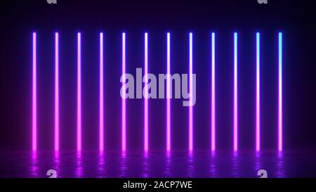 3D-Render Abbildung: Glühende vertikale Linien, Neonlampen, abstrakte Vintage Retro Hintergrund, ultraviolette Spektrum lebendiger Farben, Lasershow Stockfoto