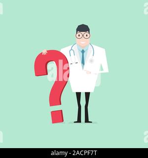 Lächelnd Arzt stehen große Fragezeichen. Stock Vektor
