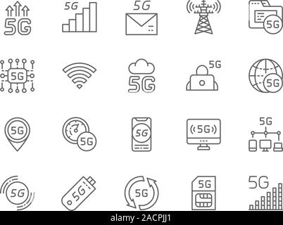 Set mit 5 G Internet Zeile für Symbole. Datenbank, WLAN-Chip, Cloud System und vieles mehr. Stock Vektor