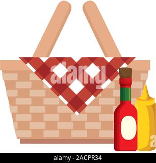 Warenkorb wicker Picknick mit Flaschen Saucen isolierte Symbol Stock Vektor