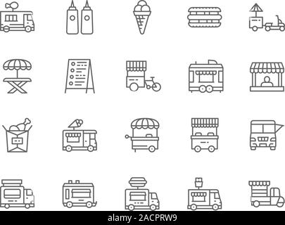 Satz von Essen Lkw-Zeile für Symbole. Hot Dog, Sandwich, Picknicktisch und mehr. Stock Vektor