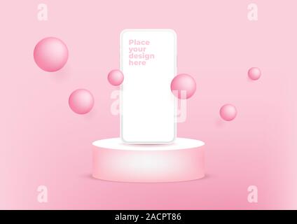 Leerer Bildschirm Smartphone auf dem Podium für die Präsentation der Ware oder Showcase auf rosa Hintergrund. Stock Vektor
