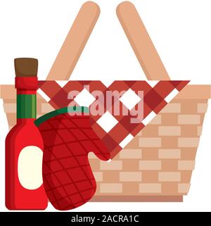 Warenkorb wicker Picknick mit Flasche Sauce und Handschuh Küche Stock Vektor