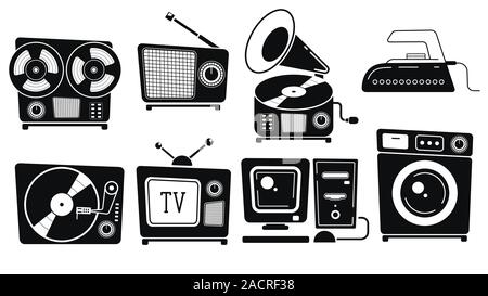Satz von Vintage Equipment Schallplatte, Vinyl Plattenspieler, Reel-to-Reel Tape Recorder, TV, Computer, Bügeleisen, Radio, Waschmaschine. Retro Symbole für Ihr Stock Vektor