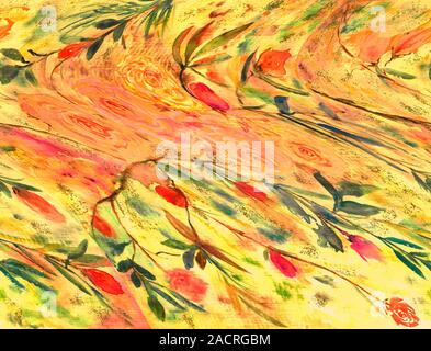 Abstrakter Hintergrund mit Wasserfarben und Blumenmuster. Klassische farbige handbemalte Kunst Grungige Oberfläche mit lockerer Blumenbemalung. Abbildung: Frühlingsblumen. Stockfoto