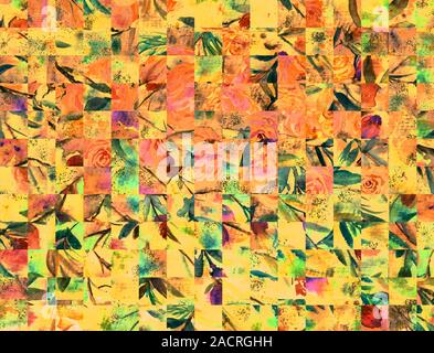 Abstrakter Hintergrund mit Wasserfarben und Blumenmuster. Klassische farbige handbemalte Kunst Grungige Oberfläche mit lockerer Blumenbemalung. Abbildung: Frühlingsblumen. Stockfoto