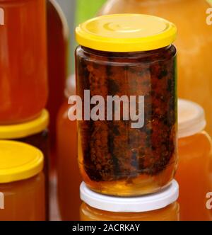 Wabe und Honig in einem Glas Stockfoto
