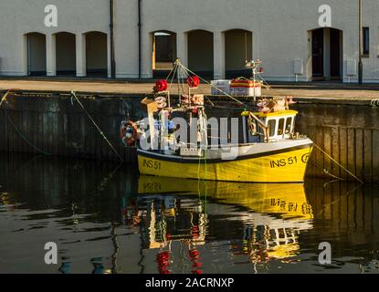 Kleine gelbe Krabben oder HUMMER BOOT VERTÄUT IN LOSSIEMOUTH HAFEN Moray in Schottland Stockfoto