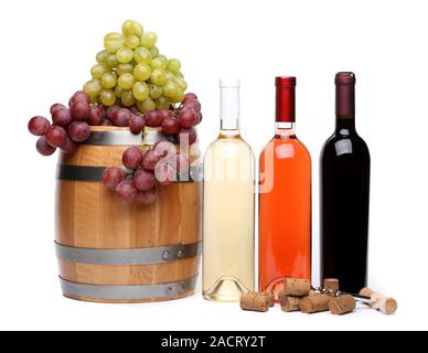 Traube, Fass, Korken, Korkenzieher, Flaschen Wein Stockfoto