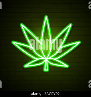 Logo mit medizinischen Cannabis marihuana Blatt leuchtende Led, Neon Style Grün auf dunklen Mauer Hintergrund Stock Vektor