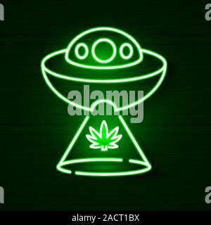 Logo mit medizinischen Cannabis marihuana Blatt leuchtende Led, Neon Style Grün auf dunklen Mauer Hintergrund Stock Vektor