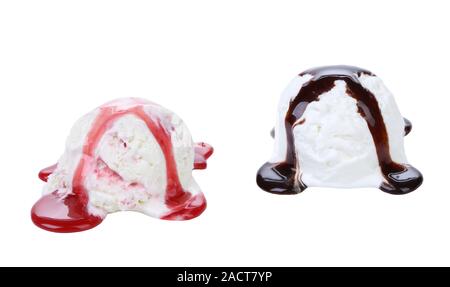 Collage aus Eis mit rot und Schokolade Syrop. Stockfoto