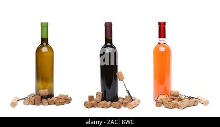 Collage von Korken und Korkenzieher mit Flasche Wein. Stockfoto