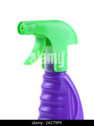 Blaue Kunststoff-Sprühflasche isoliert Stockfoto