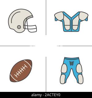 American football Equipment Color Symbole gesetzt. Helm, Schulterpolster, Kugel, Shorts. Isolierte Vektorgrafiken Stock Vektor