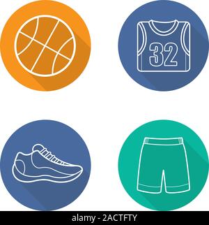 Basketball Flachbild lineare lange Schatten Symbole gesetzt. Ball, Schuh, t-shirt, Shorts. Die uniform Basketballspieler. Vektor linie Abbildung Stock Vektor
