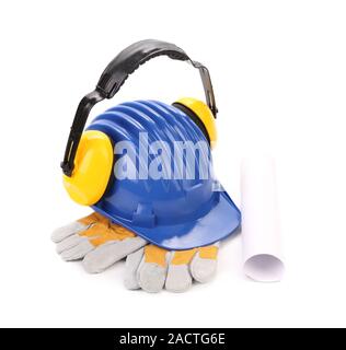 Gehörschutz Schutzhelm und Handschuhe. Stockfoto