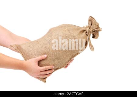 Mann Hand hält vollen Sack gefesselt. Stockfoto