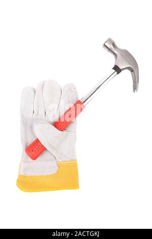 Schutz-Handschuh-Holding-Hammer. Stockfoto