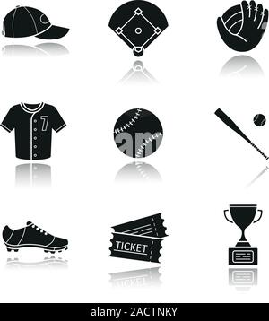 Baseball Zubehör Schatten schwarze Symbole gesetzt. Sechskantschrauben, Feld, Mitt, t-shirt, Ball, bat, Schuhputzmaschine, Tickets, Auszeichnung der Sieger. Kit's Softballspieler. Isolierte v Stock Vektor