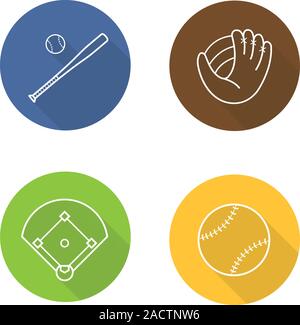 Baseball Flachbild lineare lange Schatten Symbole gesetzt. Schläger und Ball, Mitt, Feld. Softball Equipment. Vektor linie Abbildung Stock Vektor