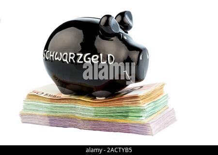 Schwarz Sparschwein auf Geld Stockfoto