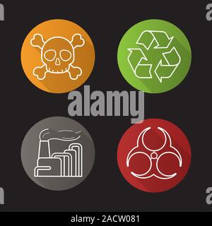 Die Verschmutzung durch die Industrie Flachbild lineare lange Schatten Symbole gesetzt. Biohazard und Recycling Symbole, Fabrik Luftverschmutzung und Totenkopf mit gekreuzten Knochen Gift unterzeichnen. Ve Stock Vektor