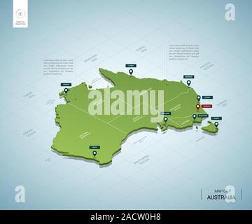 Stilisierte Karte von Australien. Isometrische 3D-grüne Karte mit Städten, Ländergrenzen, Hauptstadt Canberra, Regionen. Vector Illustration. Bearbeitbare Layer labele klar Stock Vektor
