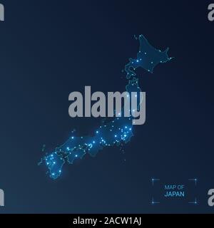Japan Karte mit Städten. Leuchtenden punkten - Neonlicht auf dunklem Hintergrund. Vector Illustration. Stock Vektor