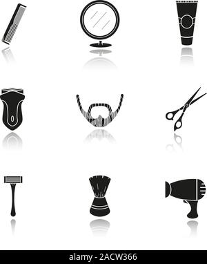 Rasierzubehör Schatten schwarze Symbole gesetzt. Barbershop Ausrüstung. Kamm, Spiegel, aftershave Rohr, Elektrorasierer, Rasierer, Bart, Scheren, Scherköpfe Stock Vektor