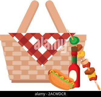 Warenkorb wicker Picknick mit Lebensmitteln isoliert Symbol Stock Vektor