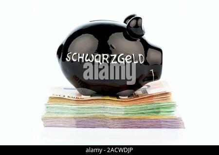 Schwarz Sparschwein auf Geld Stockfoto