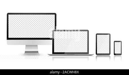 Leer computer monitor, Telefon, Tablet-PC und Laptop. Gerät mit leeren Bildschirm eingestellt. Realistische Satz Monitor, Laptop Tablet, Smartphone Farbe grau Stock Vektor